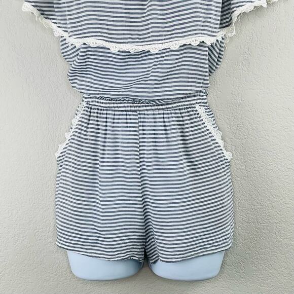 BECCA Navy White Stripe Crochet Trim Off Shoulder Shorts Romper Swim Cover Small - Picture 6 of 13